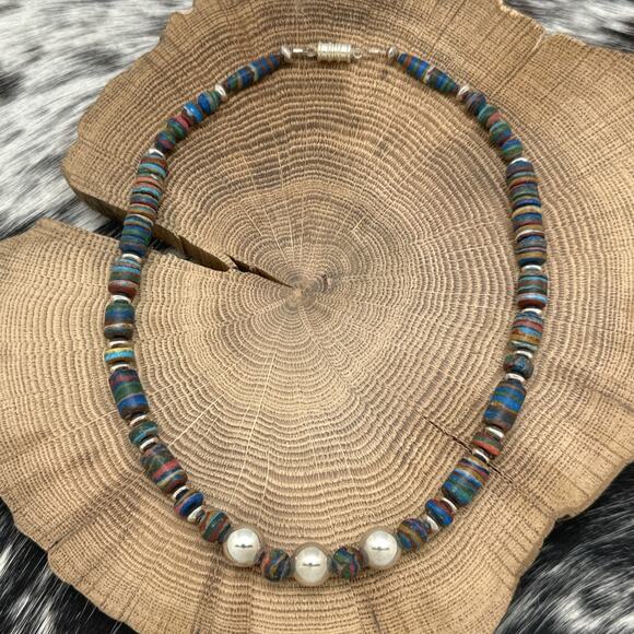 1990s NATIVE AMERICAN Sterling Silver & Rainbow Calsilica Beaded Choker Necklace - Picture 1 of 3